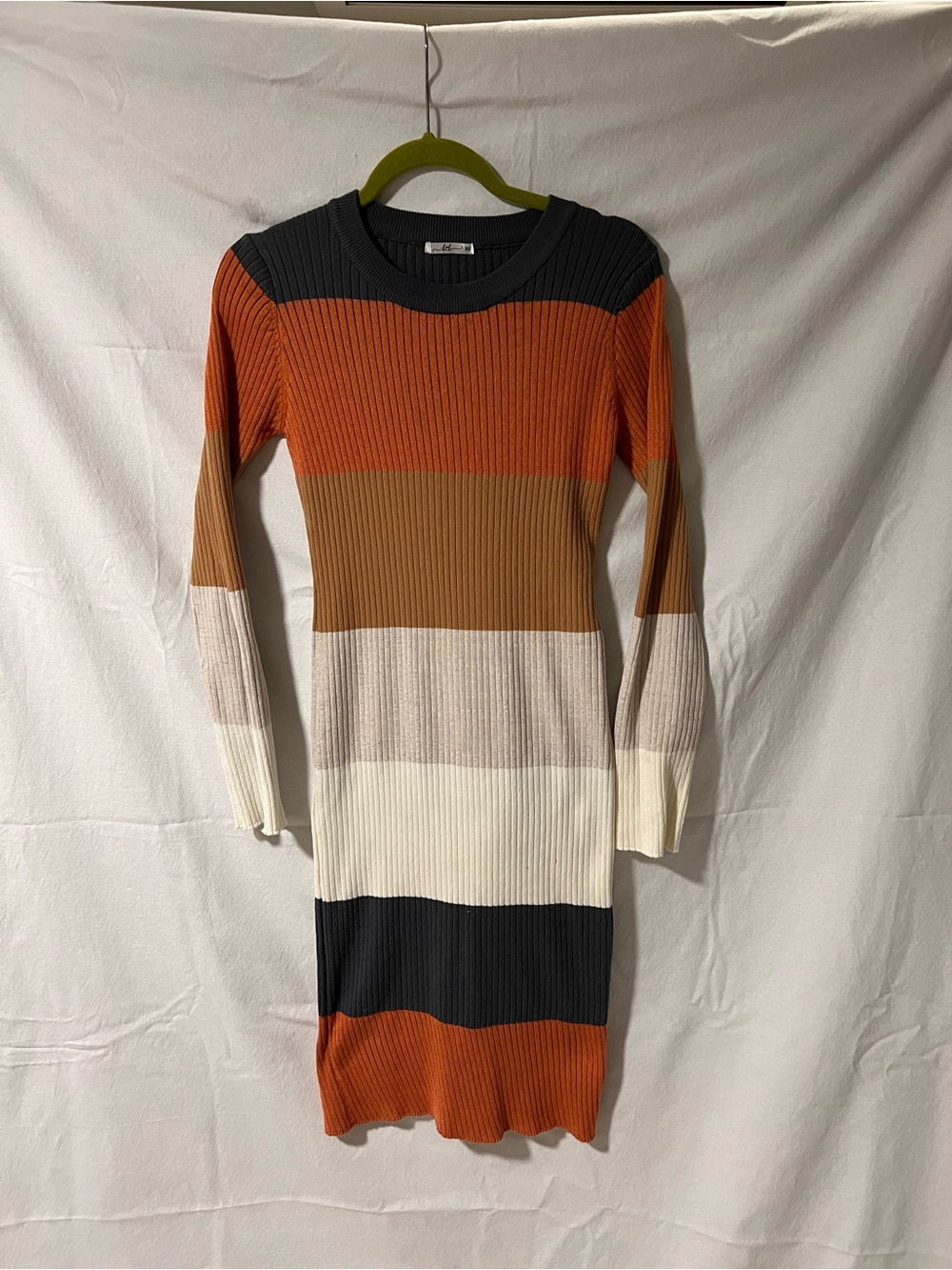 Striped Rib-Knit Long Sleeve Dress size XL - brown, beige, cream, charcoal grey